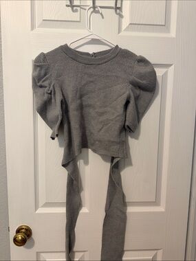 Petal & Pup Gray Ribbed Puff-Sleeve Tie-Back Top